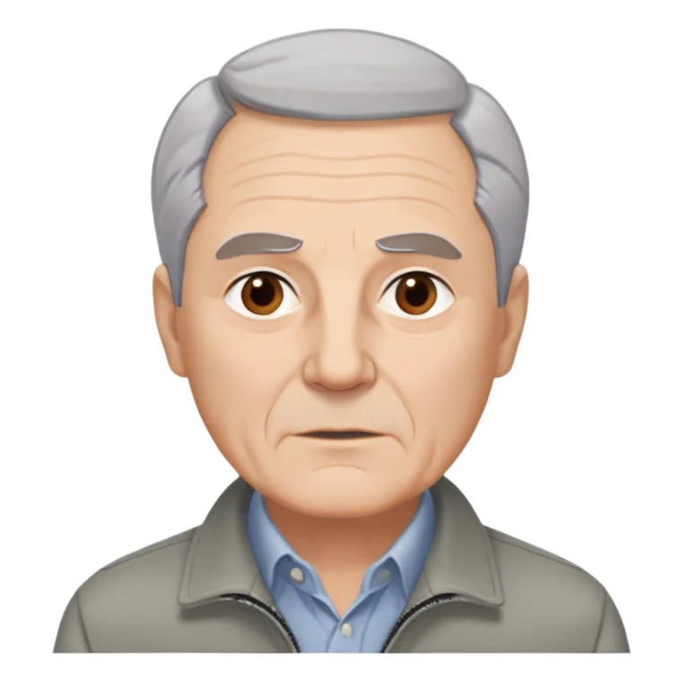 Distinguished older man in his 60s, light complexion, round face with broad jaw, vivacious brown eyes, thick eyebrows giving intensity to expression, short gray-white hair combed slightly back with visible receding hairline, clean-shaven, wearing gray casual jacket over button-up shirt sticker