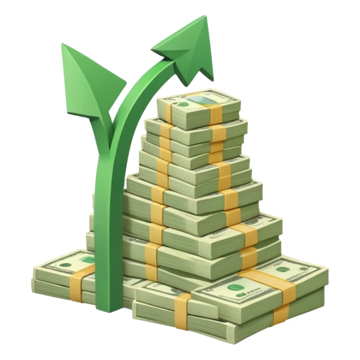 upward arrow next to a growing stack of cash money bills, financial growth sticker