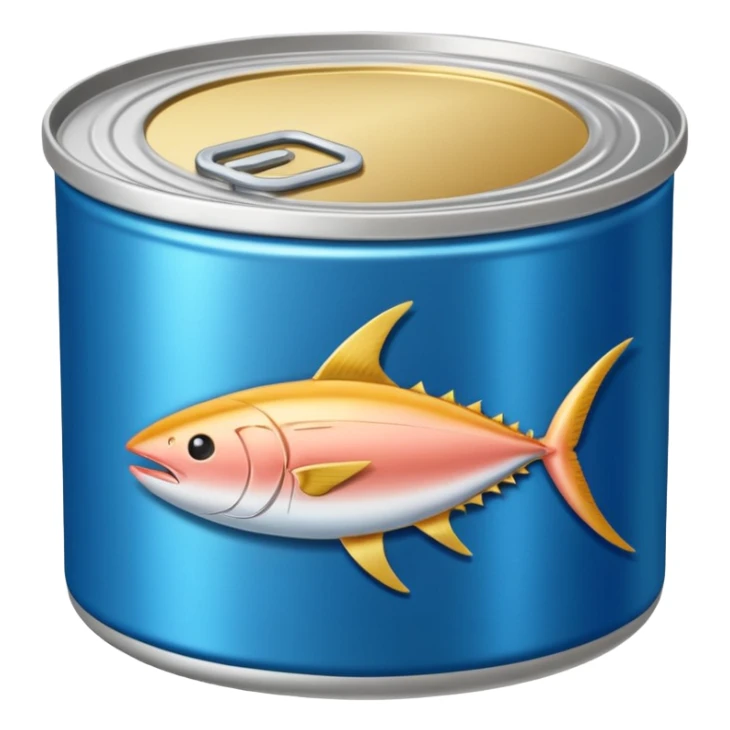 tuna can, round, metallic, closed or opened, tuna inside fibrous and shiny, blank label, 3D clean style, transparent background, optimized for emoji size sticker