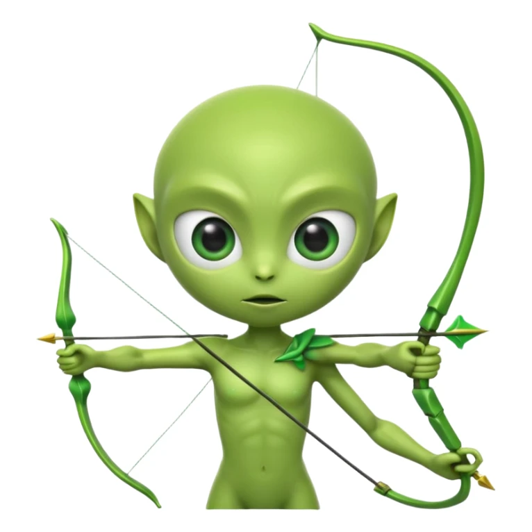 3D emoji-style green alien holding a bow and arrow, glossy texture, smooth skin, large expressive eyes, small humanoid body, minimalist background, soft lighting, Pixar-style rendering, high detail, cute but slightly serious expression, clean centered composition. sticker