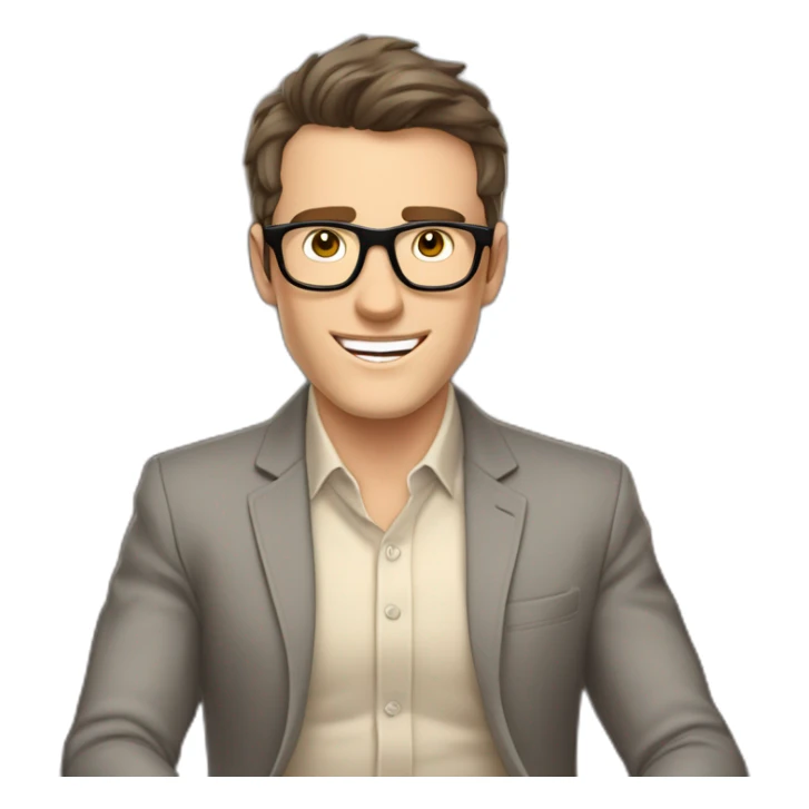 Joyful Celebrating victory Hands up Pale skinned Fit Man With dark brown hair in gray jacket, beige office shirt, Brown pants and vintage glasses sitting In a soft chair sticker