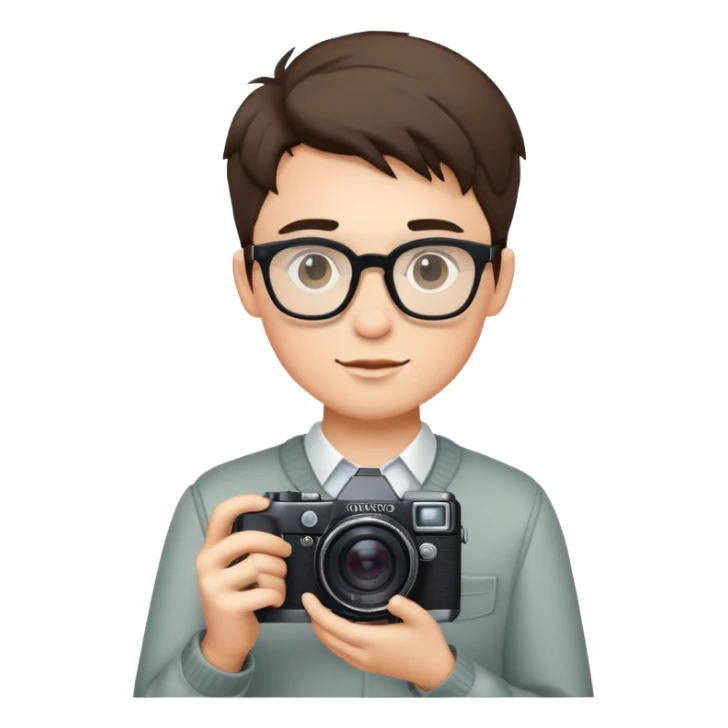 A handsome boy wearing glasses and holding a camera sticker