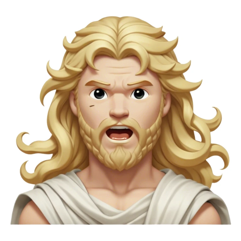 Cinematic Realistic Thor Portrait, head tilted slightly with a dramatic, wide-open yawn, revealing a moment of unguarded human vulnerability amidst his divine stature. His fair, luminous skin and elegantly styled, wavy golden hair maintain their sculptural perfection even in repose. Dressed in a flowing white toga with understated golden accents, the portrait is bathed in soft natural light, capturing a rare glimpse of relaxed, timeless strength from a Greek god reborn. sticker