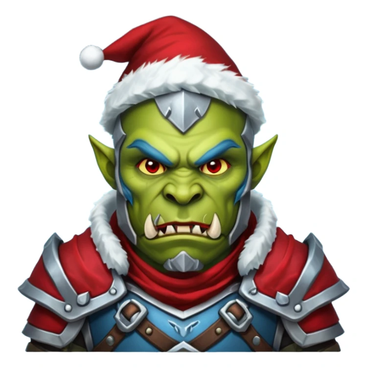 Fantasy Christmas orc legion soldier icon, iron tundra army theme, heavy winter armor, disciplined brutal look, dark icy steel armor with bold crimson cloth and markings, cold blue shadows, high contrast, clean emoji portrait style
 sticker