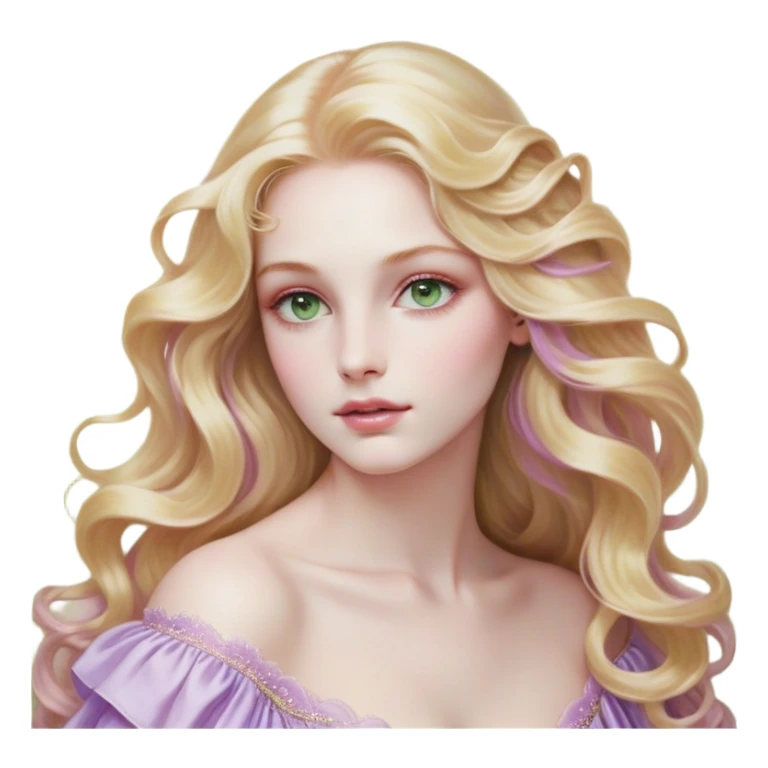 Cinematic Realistic Rapunzel Portrait, with porcelain-like skin featuring a subtle, natural glow, illuminated by soft lighting that brings out the gentle contours of her face. Her long, golden blonde hair cascades in detailed waves, each strand highlighted with a radiant shimmer as it catches the light. Her bright, expressive green eyes exude curiosity and warmth, framed by delicate lashes and soft, arched brows. Her expression is playful and vibrant, with a gentle smile. She is dressed in her classic lavender and pink gown, the fabric textured with delicate folds that flow naturally, catching the light with a soft, radiant glow. The portrait captures a luminous, enchanting aura, seamlessly blending realism with a whimsical, fairytale charm, evoking a timeless sense of beauty and magic. sticker