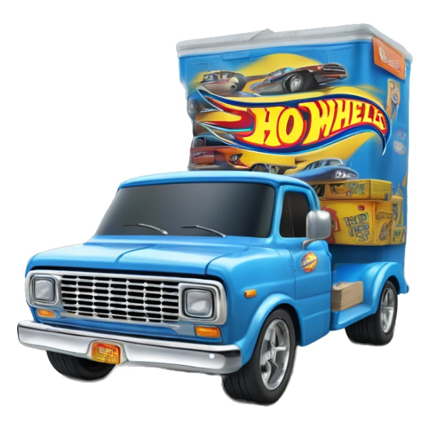 Side-on shot, Hot wheels, Hot rod, large panel van truck,1970 with exposed chrome exhaust pipes, blue, large wheels in back, large logo on the side is “Stinky’s Diaper Cleaner” in large letters  sticker