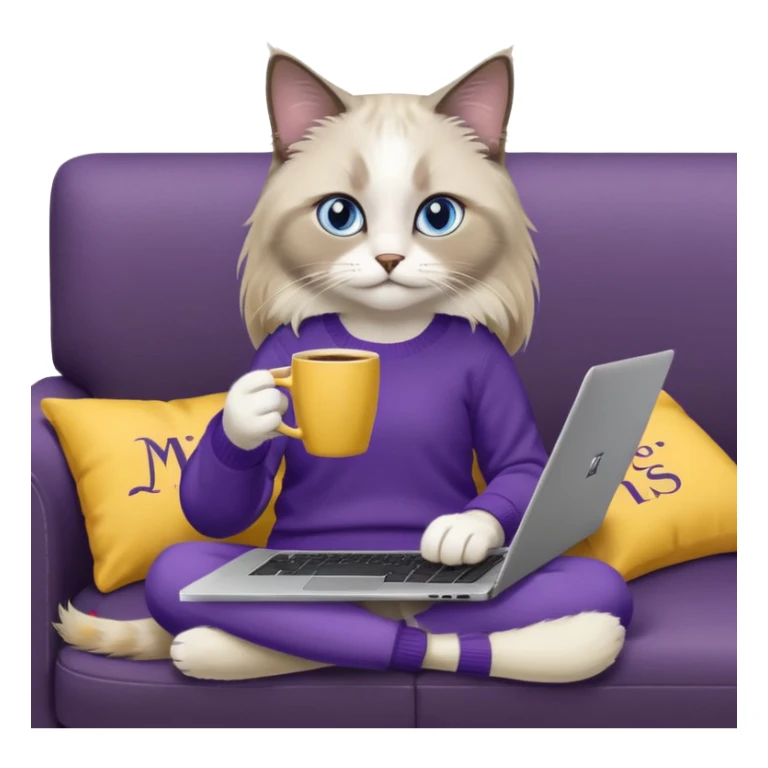 a cute blue eyed brown and white ragdoll cat with white paws and brown and beige tail wearing the dark violet sweater with yellow letteting "Milena" sitting on the grey sofa with grey laptop Lenovo and drinking coffee sticker