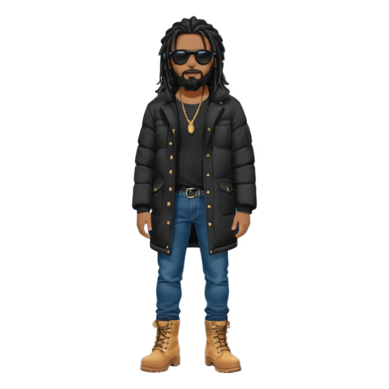 African American man with shoulder length black dreadlocks with black beard wearing black sunglasses wearing a black bubble winter coat wearing denim skinny jeans wearing wheat timberland boots standing up sticker