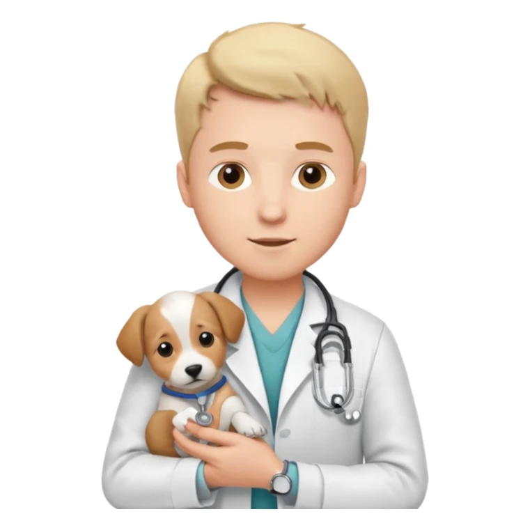 Young male vet – white coat, stethoscope, holding puppy. sticker