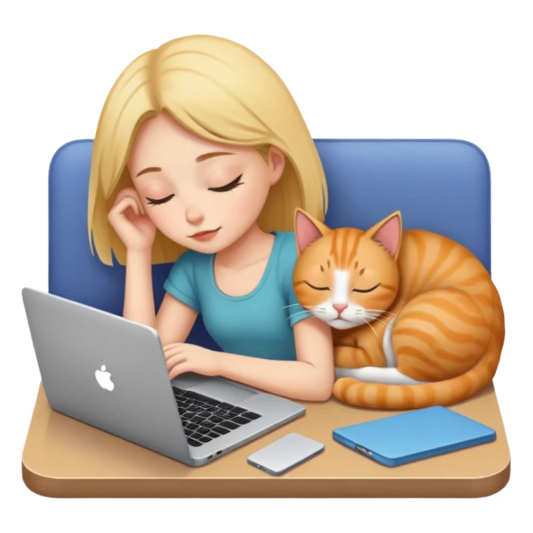 A girl works on a laptop with a cat sleeping next to it sticker