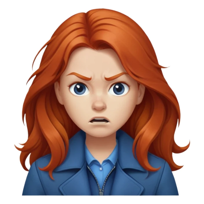 Redhead girl with long hair in blue jacket looking angry sticker