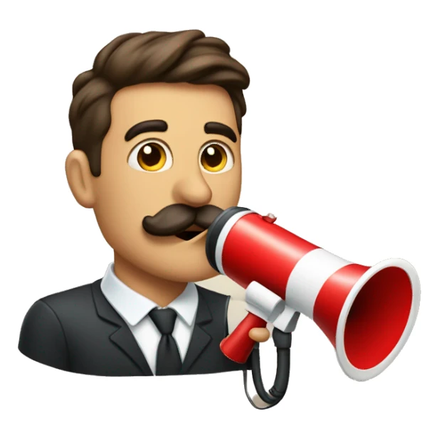 a heart and a megaphone behind a man who has a moustache sticker