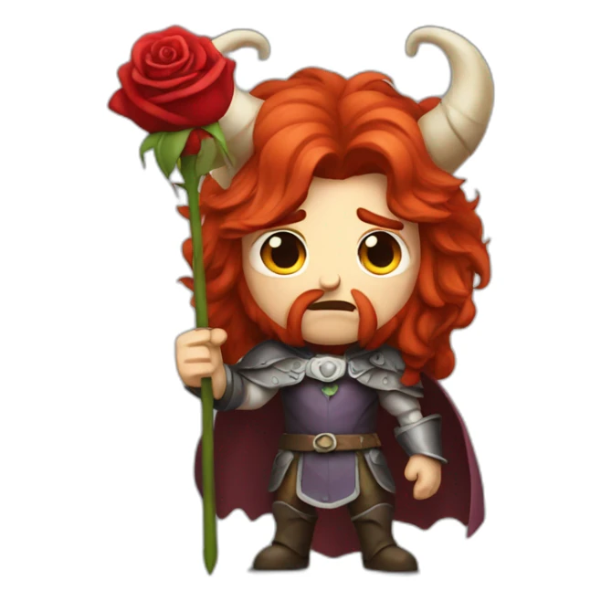 angry prince with horns and long red hair holding a rose sticker