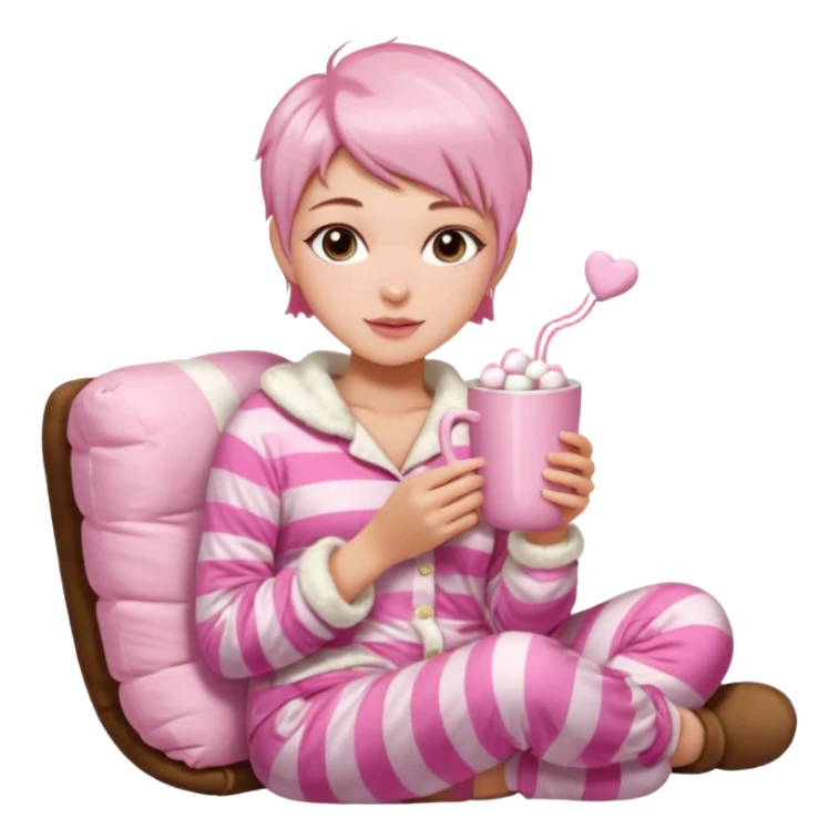  short pixie haircut aesthetic Victoria's Secret pajama set, Ugg boots, holding hot chocolate with pink and white marshmallows, cozy and cute sticker