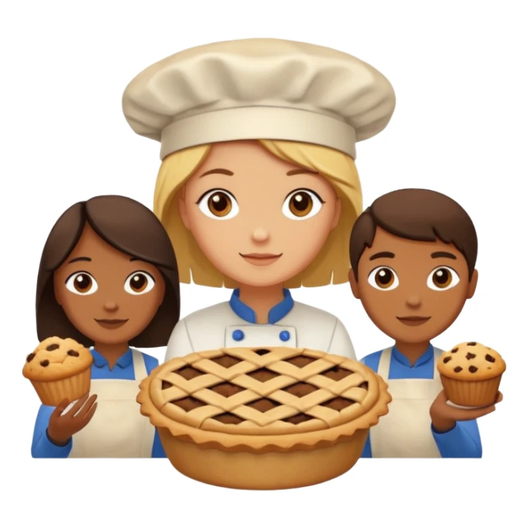 Baking community humanless avatar in vibrant style illustration. Pie, cookie, and muffin warm golden tones, simple shapes, flat design, high contrast. sticker