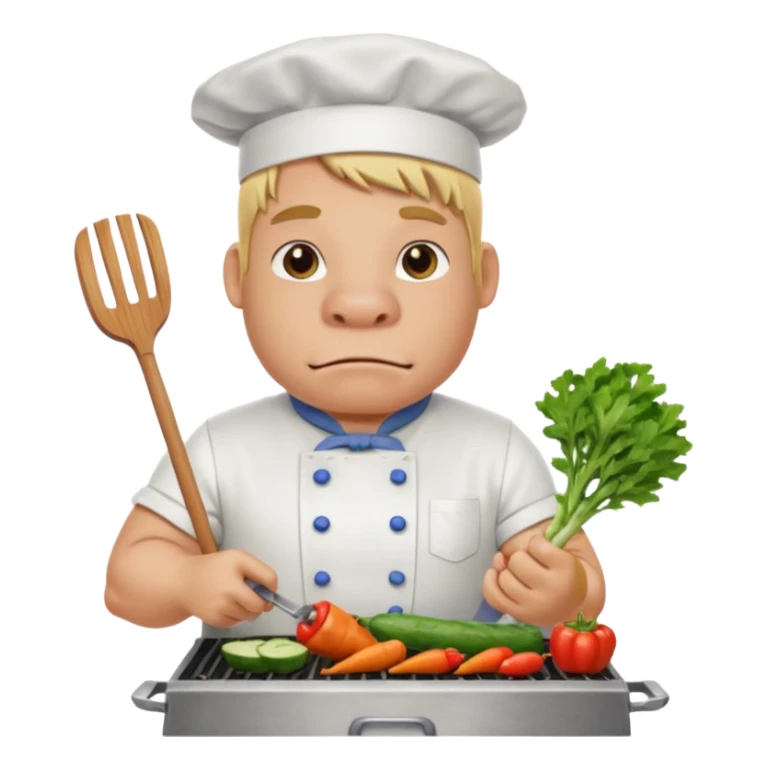 hippo man with tied blond hair and and a white apron grilling vegetables on a sizzling grill sticker