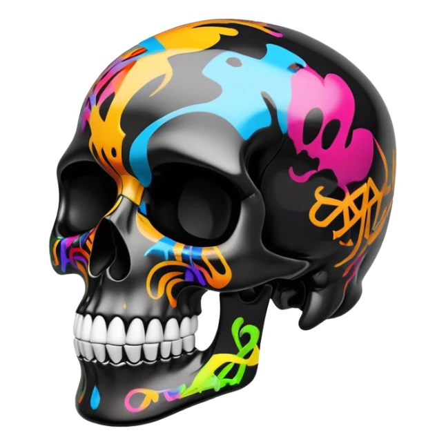 glossy black skull with colorful graffiti designs and fashion logos precisely contained inside the skull contours, three-quarter view sticker