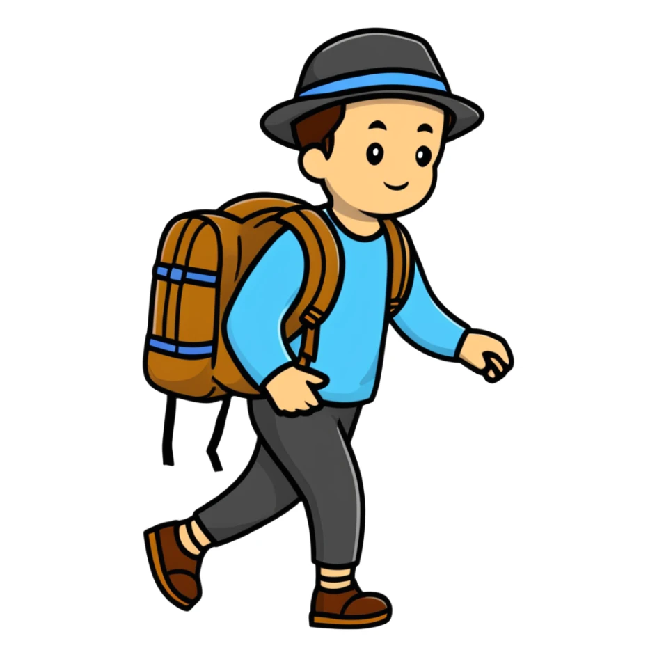 sad tired traveler with backpack and hat walking sticker
