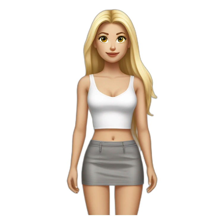hyperrealistic caucasian blonde, long straight hair, white deep v-neck crop tanktop, gray tight mini skirt sticker