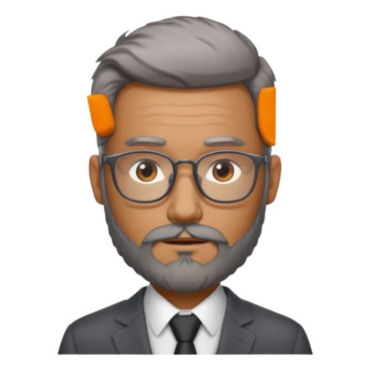 Create a figure that reflects an experienced entrepenurr but who has professional and elegant clothing, without hair, grey glasses, brown eyes and an unkempt beard  sticker