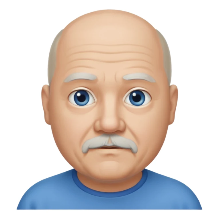 75, goatee, bald, grey side hair, chubby, blue eyes, chin hair sticker