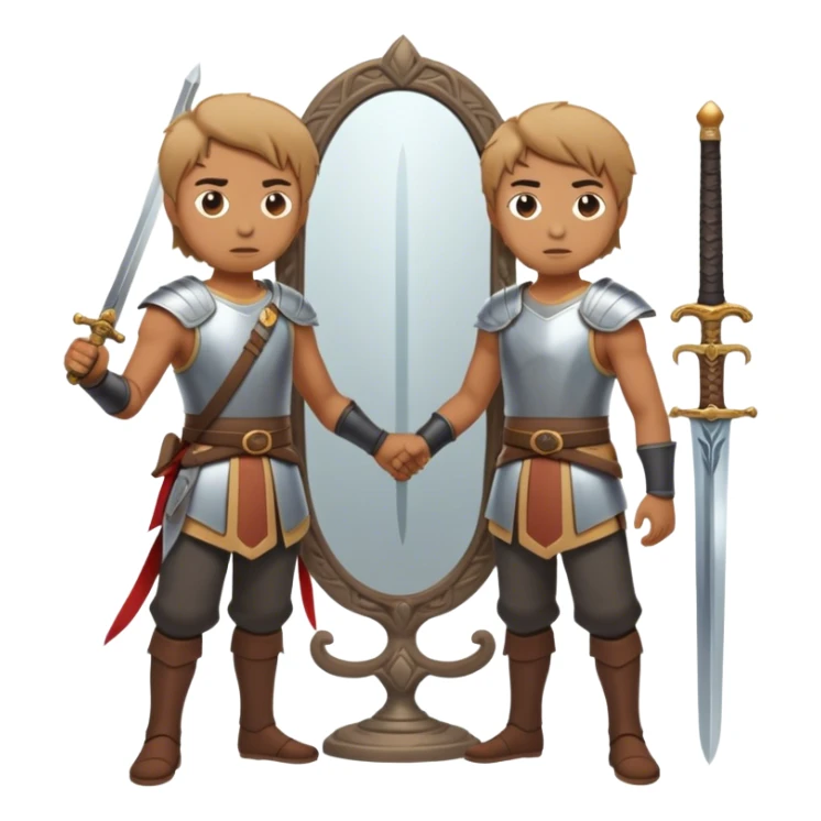 A person standing in front of a mirror, looking at their own reflection, while a sword lies on the ground beside them. The mirror represents self-awareness and acceptance sticker