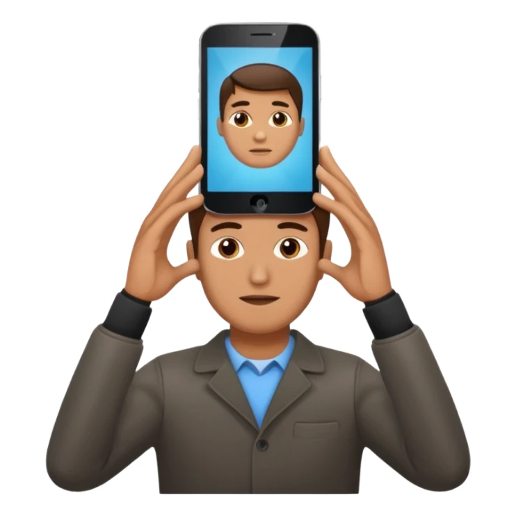 a guy holding 1 smartphone with both hands horizontally on top of his forehead sticker