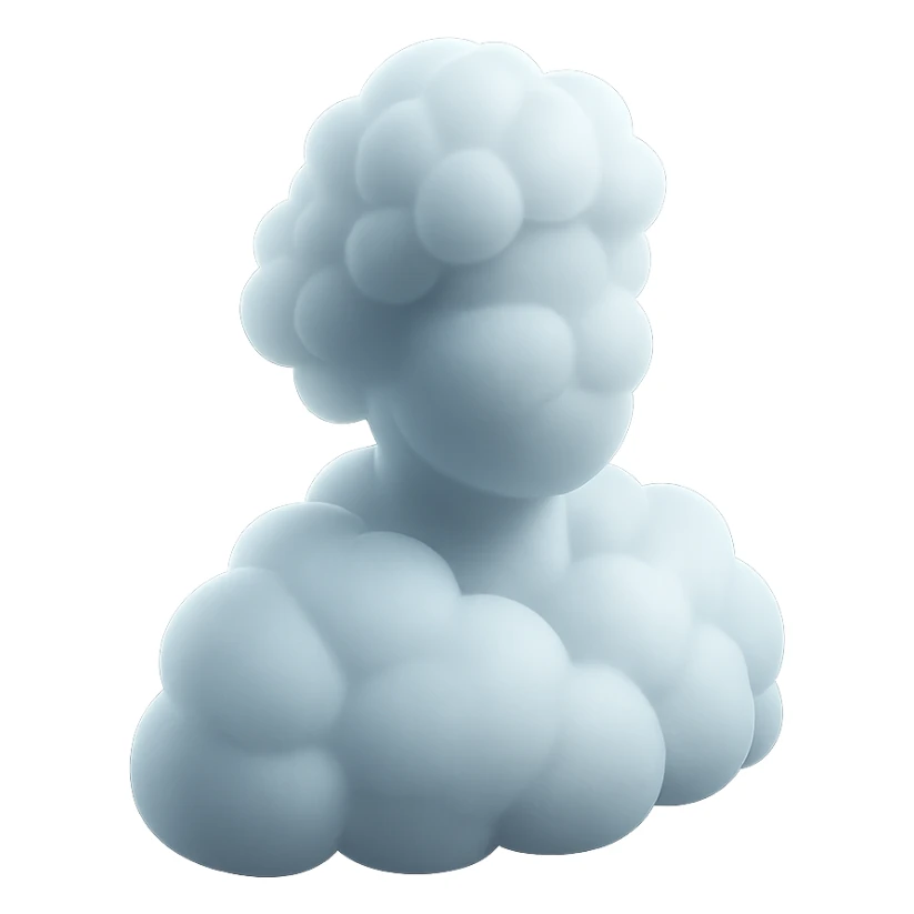 person made entirely of white fluffy convex clouds, shoulder up, front view, matte glass style sticker