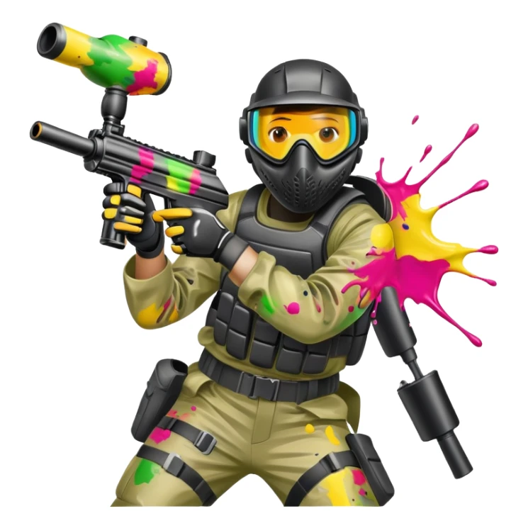 A paintball player in full gear, aiming a paintball gun with focus and determination. The scene includes vibrant splashes of paint and a dynamic battlefield setting, emphasizing action, strategy, and teamwork in a competitive environment sticker