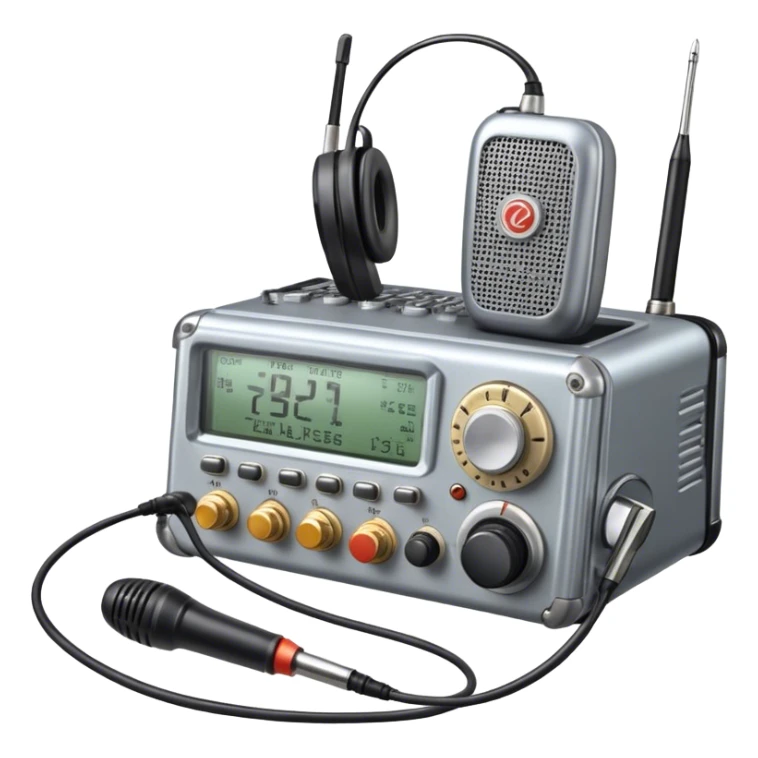 A photorealistic icon featuring a ham radio transceiver, headphones, microphone, antenna, radio equipment like soldering tools and cables, soldering iron in use. The design includes detailed textures and realistic lighting. Transparent background. sticker