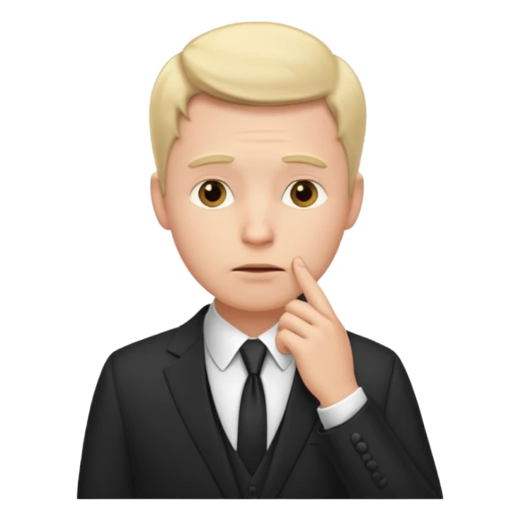 white man in formal suit thinking hard, hand to mouth sticker
