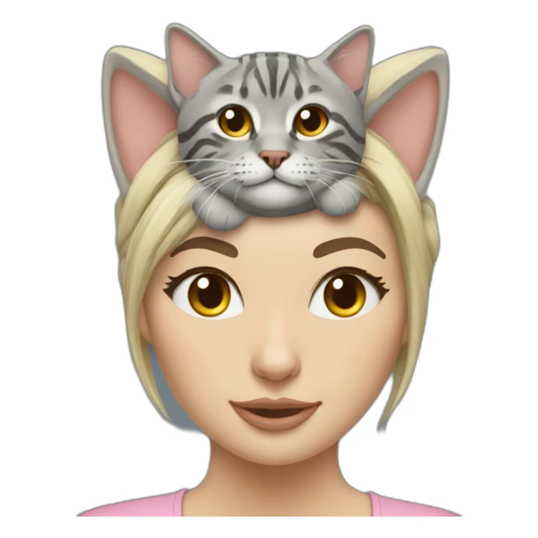 grey tabby cat on blonde woman's head sticker