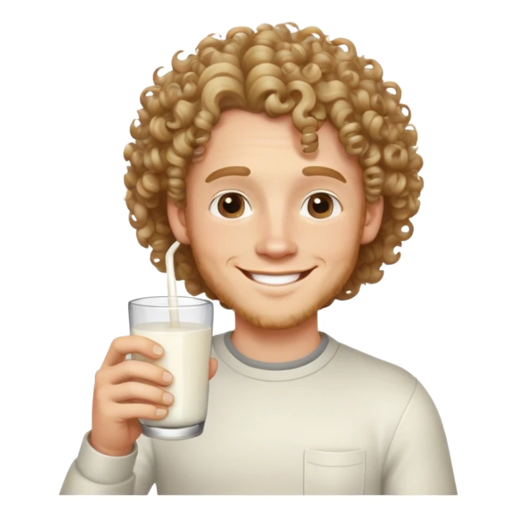 White man with curles holding milk and smiling sticker
