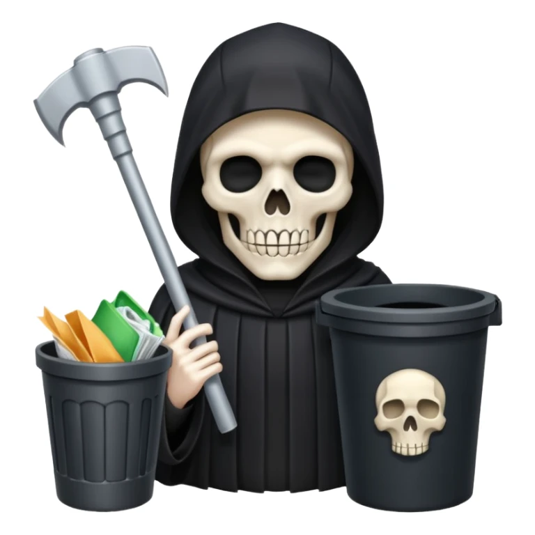 grim reaper looking at phone and a trash can with paper sticker