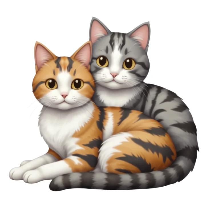 full body colourful light patched calico + white tabby cat cuddling a big dark grey and white tabby cat  sticker