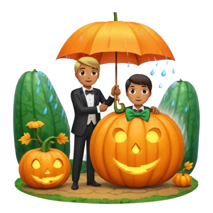 Make a guy hugging a giant pumpkin with a fork in his right hand while there's fire while there's a lady watching while it's raining while there's an umbrella on the ground that's alive and the sun has a bow tie on his neck sticker