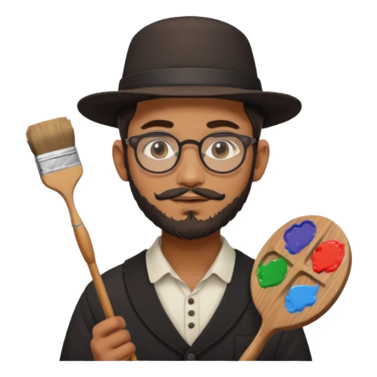 generate an ios genmoji of a 20 year old tan indian boy with rounded spectacles and a AMISH beard, carrying a paintbrush and palette sticker