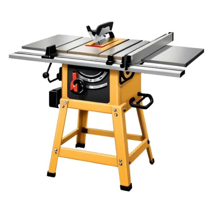 A table saw emoji with a light wooden table and a black blade sticker