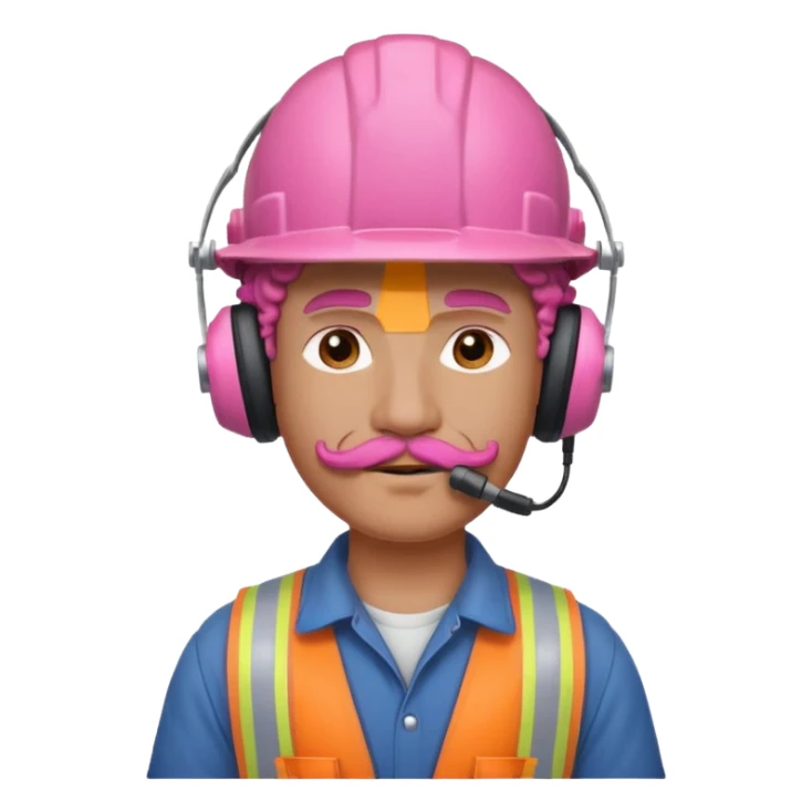 construction worker with pink curly hair and protective headphones and mustache sticker