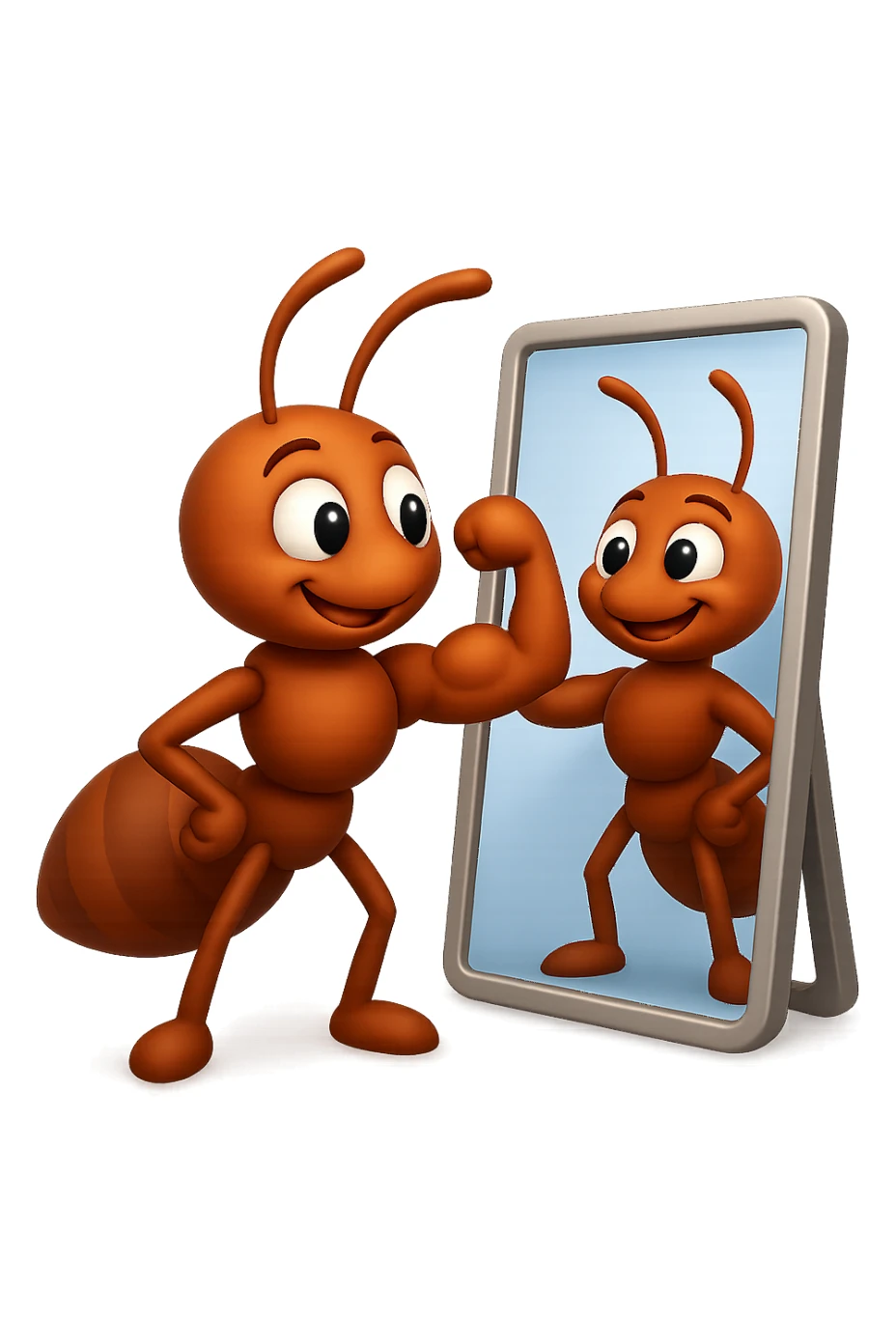 EMOJI STILE IPHONE 3D DI una formica che si guarda allo specchio felice e sicura di sè mentre contrae il suo bicipite muscoloso, fagli anche la parte bianca degli OCCHI, non solo la pupilla sticker