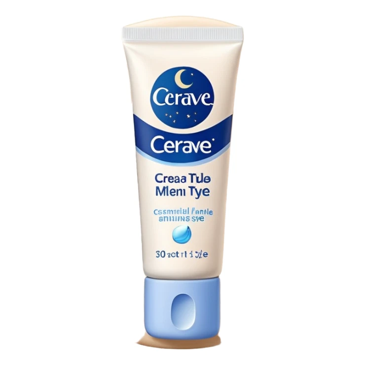 Small white CeraVe tube with blue label soft beige tip, with gentle light. Surrounded by tiny floating tear-shaped sparkles and crescent moon dust, hinting at dark circle repair. Emits a soothing blue-beige aura like a targeted eye revival spell. Compact, calming, and luminous — emoji-style. sticker
