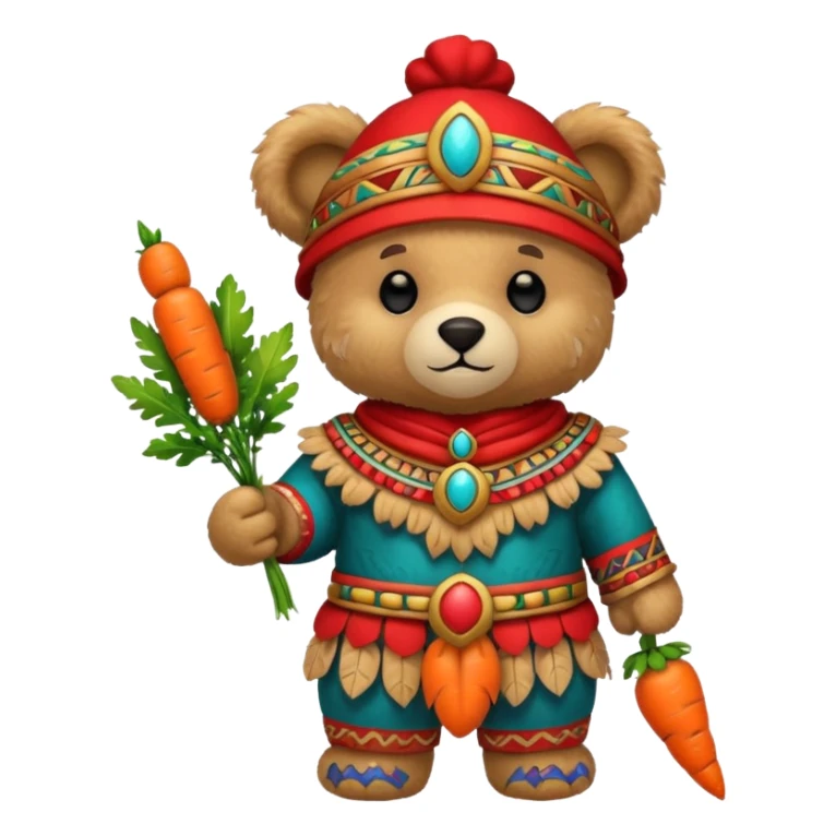 teddy bear, wearing red mayan ancient custome, with carrot sticker