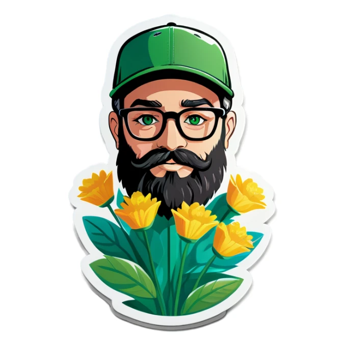 A bold man with a grey baseball cap, green eyes, big beard and glasses, holding flowers sticker