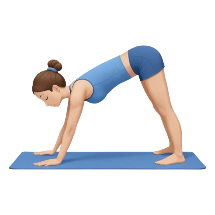 Minimalist flat vector illustration of a woman doing yoga in forward fold pose (Uttanasana), wearing sportswear (blue top and blue shorts), brown hair in a bun, clean white background, no face details, elegant style sticker