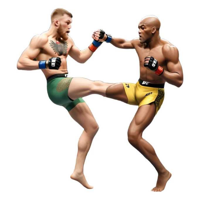 An MMA showdown between Conor McGregor and Anderson Silva in the octagon. McGregor is executing a powerful jumping strike, while Silva is expertly blocking the attack with his forearm. The background features the UFC octagon, fans in the distance, and dynamic action. Transparent background sticker