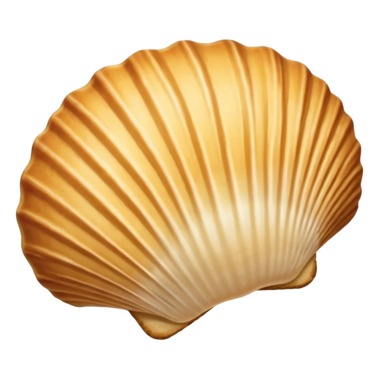 A madeleine pastry. Oval seashell shape with ONLY four to five vertical lines going in the same direction. Light golden brown. Scalloped edge. Cookie. Flat. Long. Oval shape. Lets scallops. Only four or five scalloped lines. Oblong shape sticker
