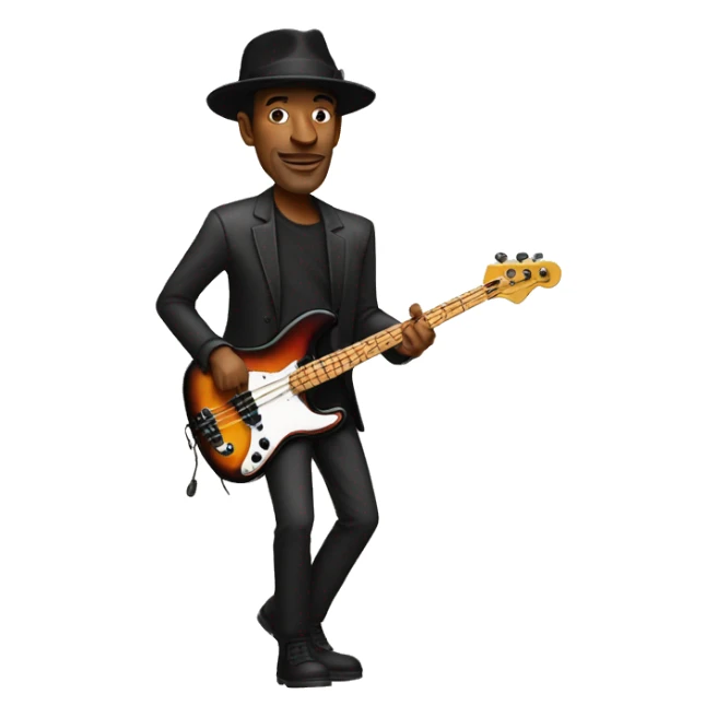 Marcus Miller bassist, playing bass guitar, with porkpie hat sticker