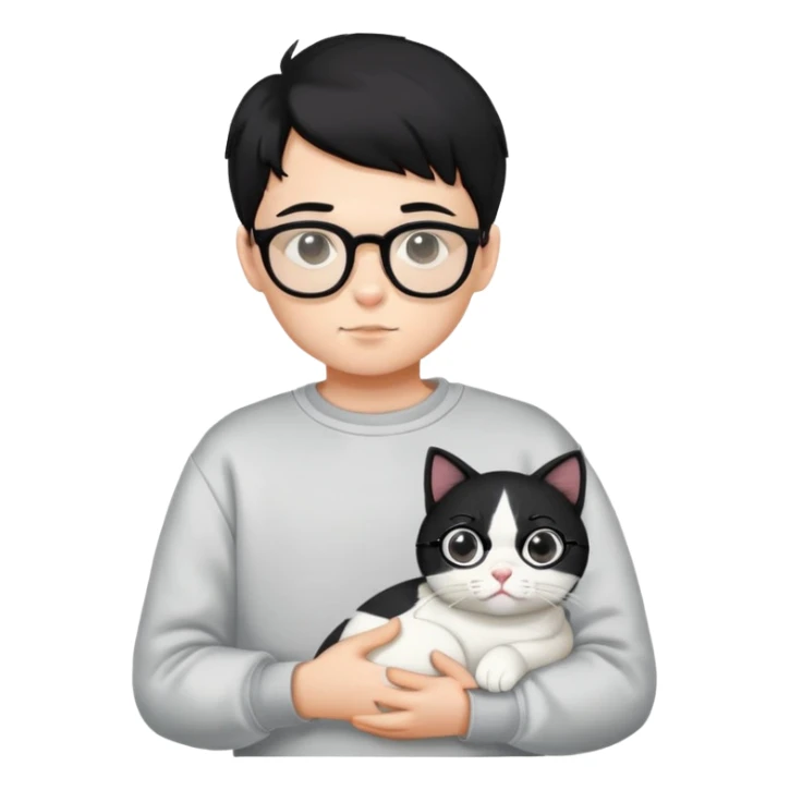 A boy wearing a sweatshirt, black hair and glasses is holding a white cat sticker