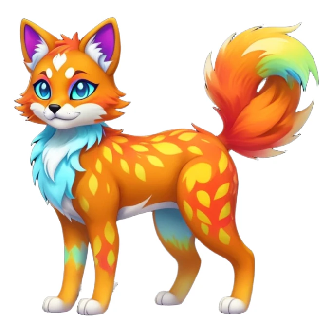 Vibrant multicolored neon-colored Falvie-Fionbri-creature-sparkle-feline-canine-hybrid-fursona, full body, fur pattern-markings sticker