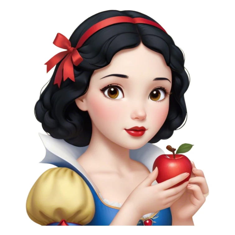 Cinematic Realistic Snow White Portrait, depicted with lifelike skin texture, soft natural lighting, and intricately detailed black hair styled with a red ribbon. Her soft brown eyes radiate innocence and kindness, complemented by a warm, gentle smile. She holds an apple in one hand, her other hand resting against her cheek, embodying her purity and charm. She is dressed in her classic yellow, blue, and red gown, the fabric rich in texture with delicate folds that catch the light beautifully. The portrait features a soft, natural glow with a radiant finish, capturing the essence of timeless beauty in a realistic and painterly style. sticker